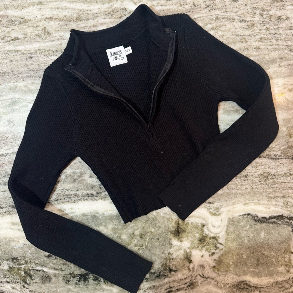 Ribbed Knit Princess Polly Cropped Half Zip Long Sleeve Top Size XS/S